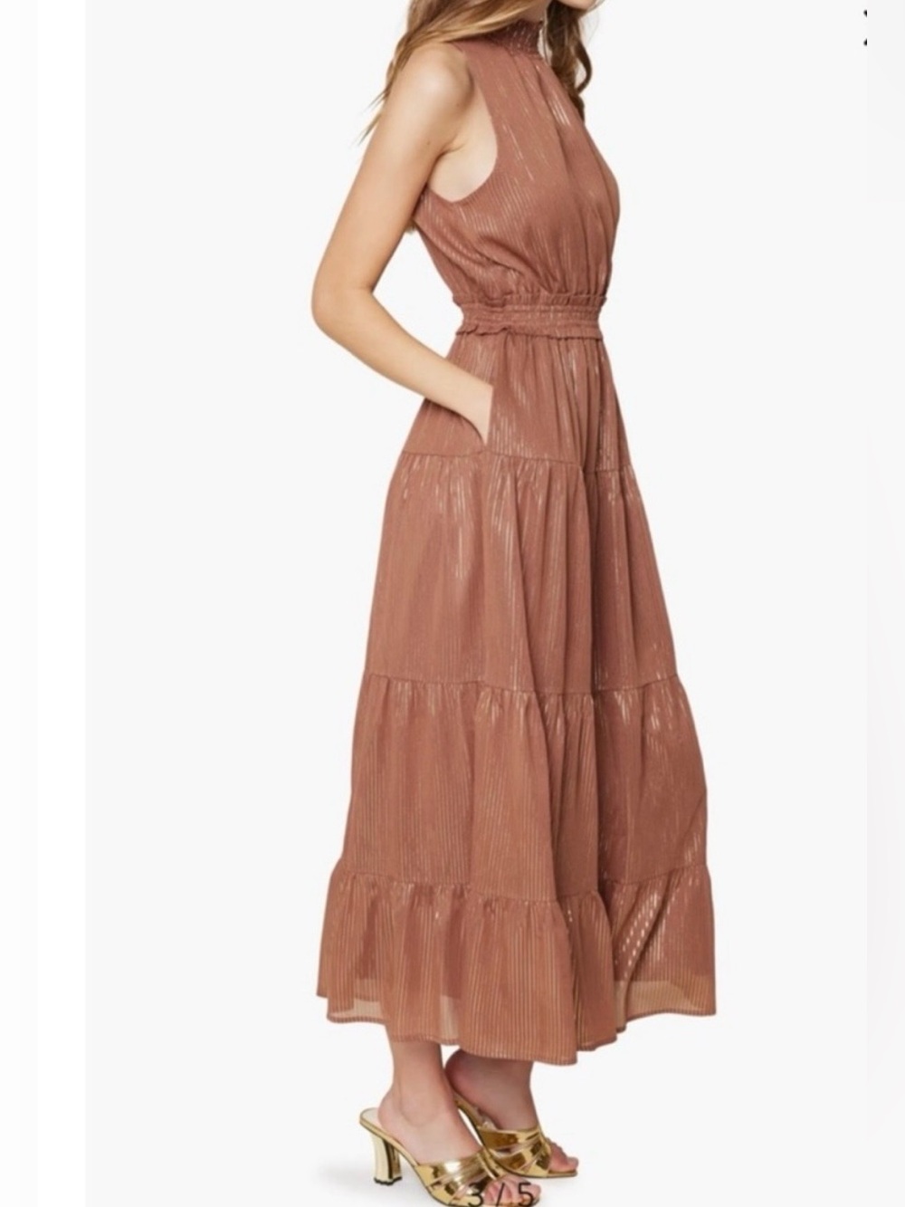 NEW Lost + Wander Downtown Lights Metallic brown gold sleeveless Maxi Dress  xs